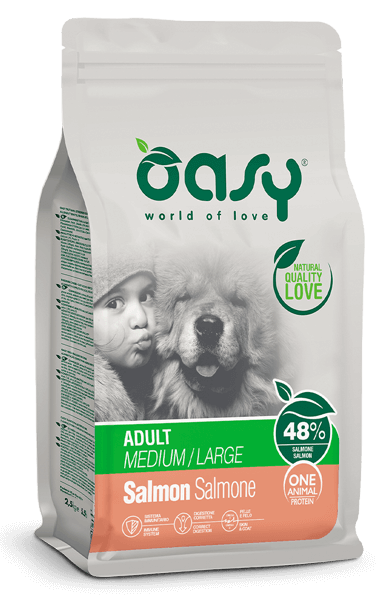 Alimento secco Oasy One Animal Protein Adult Salmone 12 kg per cani adulti di taglia media e grande. Alimento secco Oasy One Animal Protein Adult Salmone 12 kg per cani adulti di taglia media e grande.